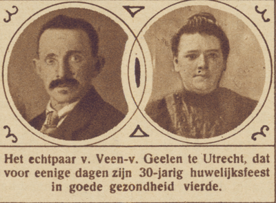 870116 Dubbelportret van het echtpaar van Veen-van Geelen uit Utrecht, dat 30 jaar getrouwd is.